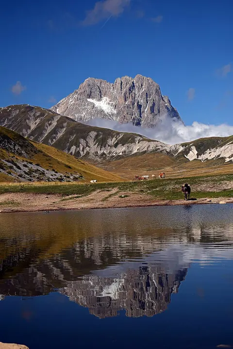 The Corno Grande reflected in a small lake